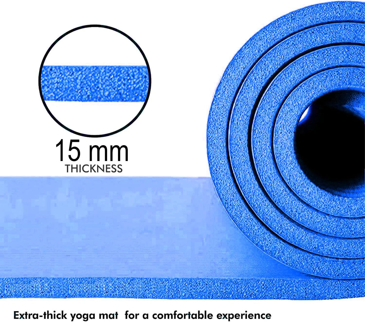 Kingdom Supreme+ 15mm Extra Thick NBR Foam Exercise Yoga Mat with Mesh Carry Bag, Strap & Resistance Band Blue