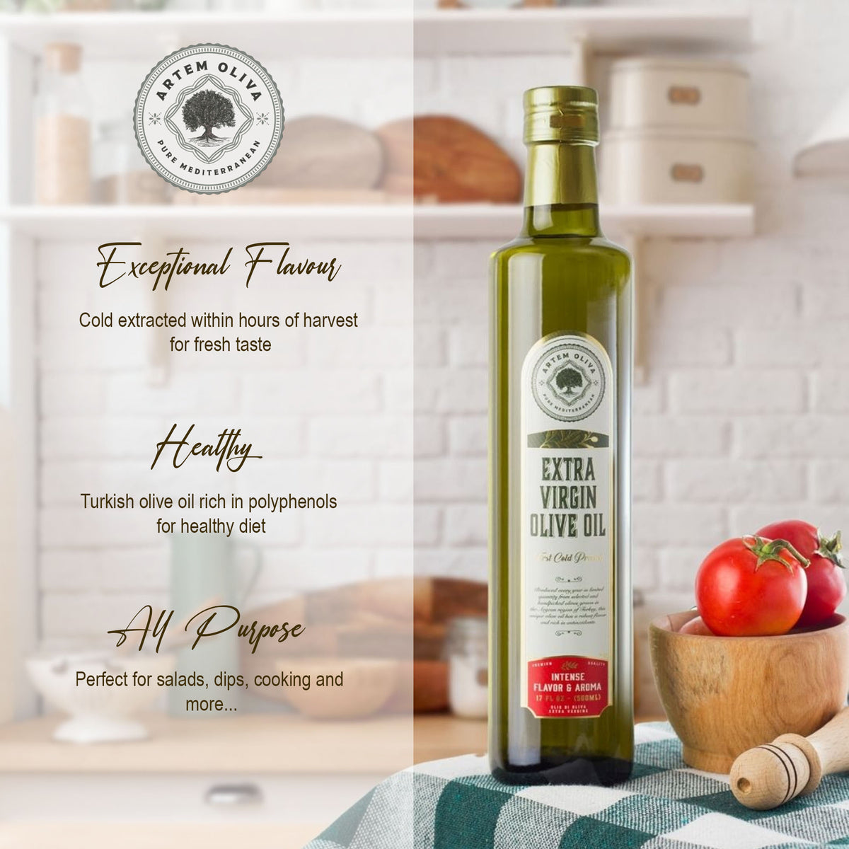 Artem Oliva® Early Harvest Extra Virgin Olive Oil EVOO Cold Pressed Olives High Ployphenol From Aegean Izmir Turkey 500ml