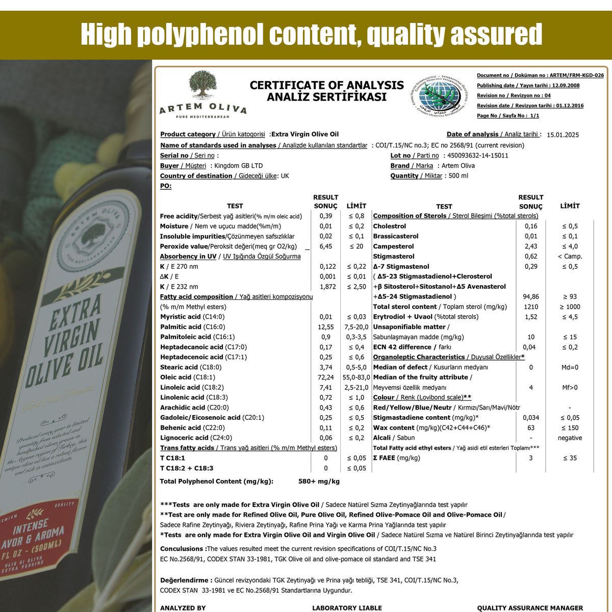Artem Oliva® Early Harvest Extra Virgin Olive Oil EVOO Cold Pressed Olives High Ployphenol From Aegean Izmir Turkey 500ml