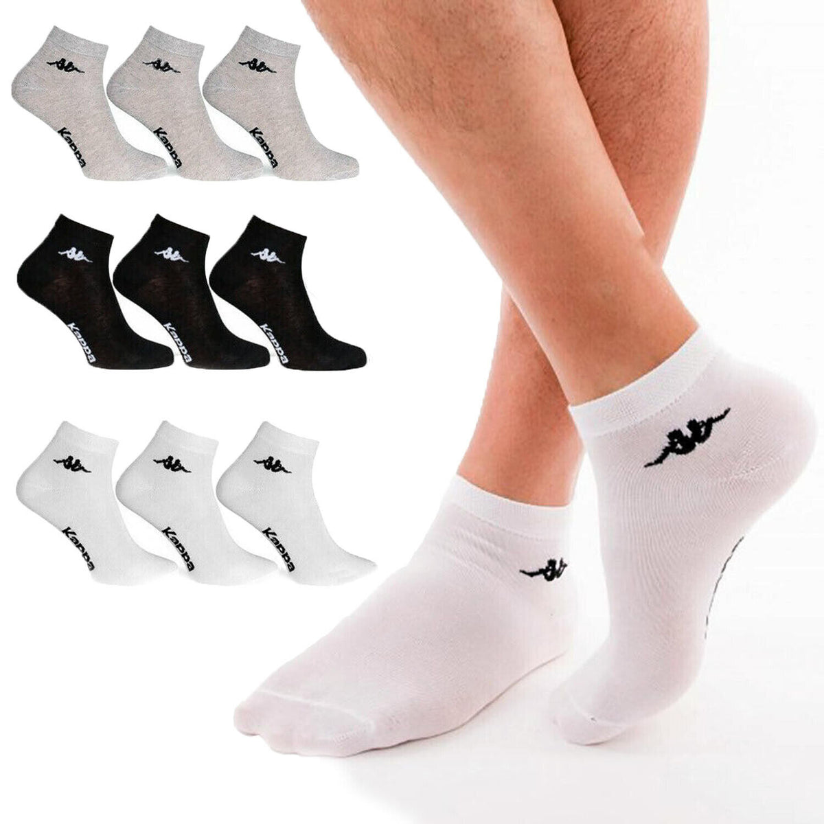 Kappa Tock 3 Pair Pack Everyday Ankle Socks Sports Mens Cotton White Black Grey