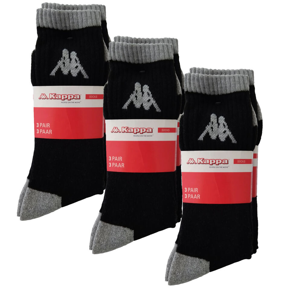 Kappa 3 Pair Pack Everyday Crew Sports Socks Mens Cotton White Black Grey