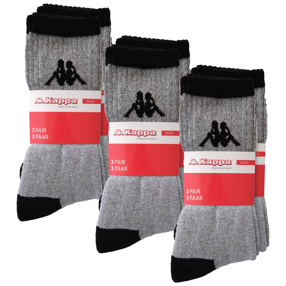 Kappa 3 Pair Pack Everyday Crew Sports Socks Mens Cotton White Black Grey